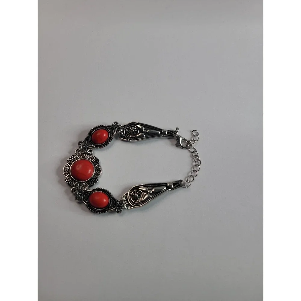 Silver Tone Red Cabochon Filigree Statement Bracelet Adjustable Boho